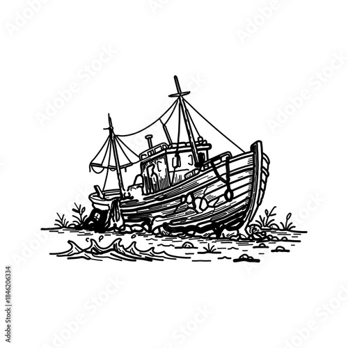 icon showing an overturned or damaged boat stranded on land, symbolizing the immense destructive power of a tsunami and its devastating impact on coastal livelihoods and property