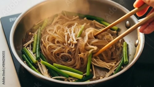 Close-up of delicious noodles being cooked in a pan with vegetables.