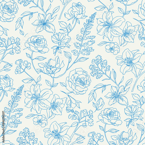 Intricate blue and white floral pattern with delicate illustrations