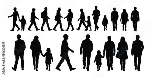 Silhouette of diverse people walking in groups on white background