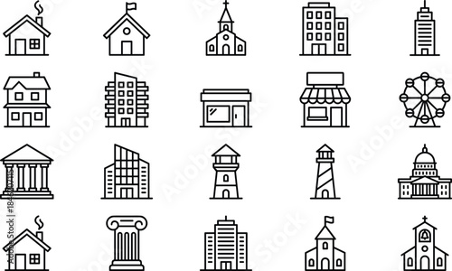 Building and architecture outline icons set including house, church, office, shop, tower, lighthouse and city landmark symbols