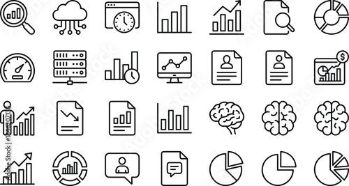 Analytics and data visualization outline icon set with charts, reports, dashboard, statistics, business growth, cloud and AI symbols
