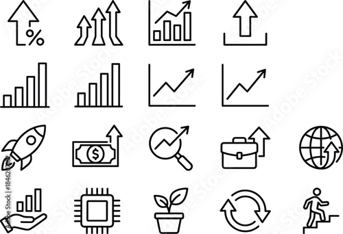 Business growth and analytics outline icon set with charts, arrows, finance, startup, progress, technology, and global performance symbols