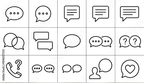 Chat and communication outline icon set with message bubbles, conversation, support, question, feedback, and social interaction symbols