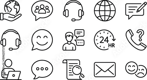 Customer support and communication outline icon set with chat, helpdesk, call center, feedback, global service and 24 hour support