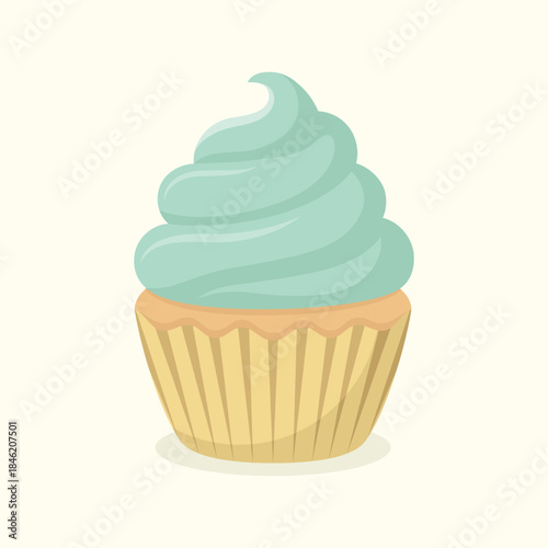 Cute delicious cupcake with pistachio cream. Dessert vector illustration.