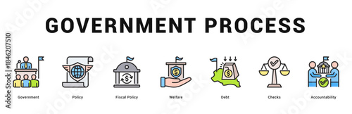 Government Process Modern and clean web banner illustration featuring thematic icons for visual communication