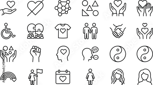 Love, care, inclusion and communication outline icon set with diversity, mental health, support, unity, balance and social symbols
