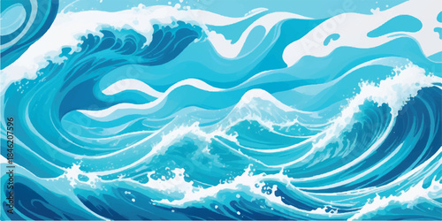 Abstract blue wave background vector illustration featuring a nature landscape of ocean water and snowy winter mountains for a creative summer travel designAbstract blue wave background vector illustr