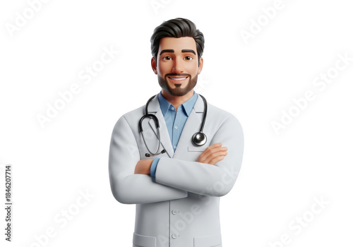 Smiling 3d male doctor with crossed arms isolated on transparent background