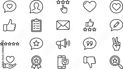Social media feedback and interaction outline icon set with like, comment, rating, review, message, notification symbols