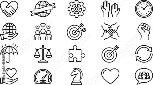 Teamwork, trust, values and cooperation outline icon set with leadership, strategy, support, community, partnership, and success symbols