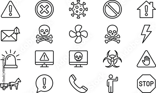 Warning and danger outline icons set with alert, virus, biohazard, skull, stop sign, security and emergency symbols
