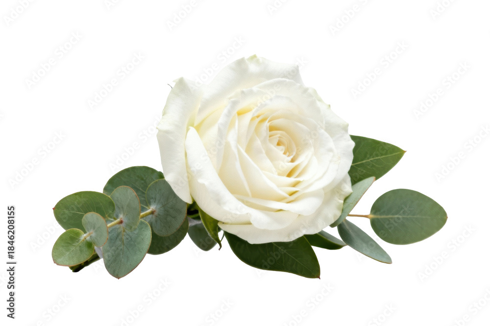 Fototapeta premium Elegant white rose with delicate green eucalyptus leaves isolated on a plain transparent background