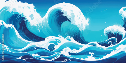 Vector illustration of a summer landscape featuring blue sea waves splashing under a cloudy sky with a sun and ocean nature design pattern

