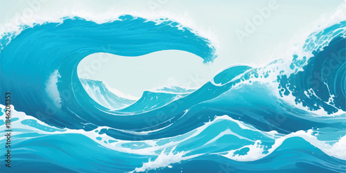 Vector illustration of a blue wave background under a blue sky with clouds featuring a scenic ocean landscape and snow-capped mountain pattern