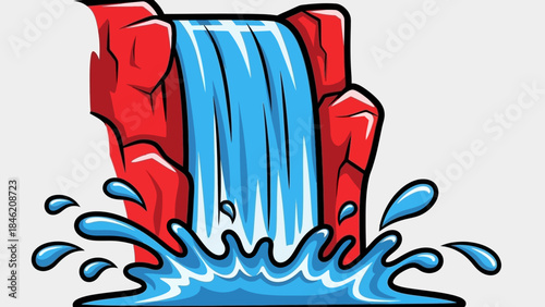 Cartoon waterfall cascading down red rocks into a pool of water, with splashes.
