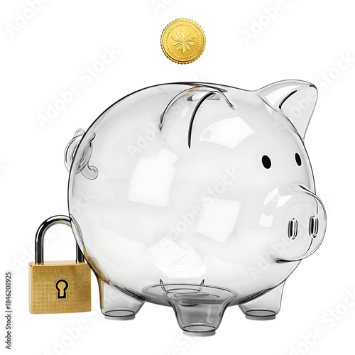Clear piggy bank with padlock isolated on white background symbolizing protected savings
