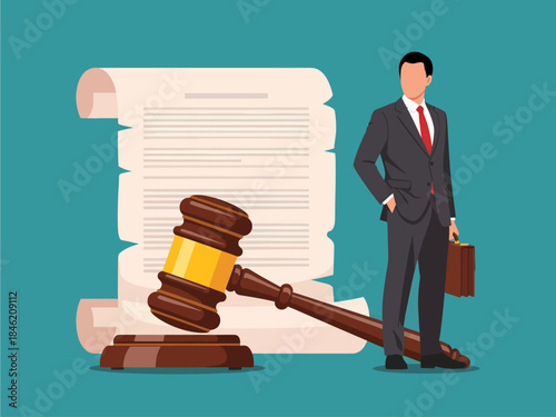 A stylized illustration shows a faceless lawyer in a suit with a briefcase, standing next to an oversized wooden gavel on a sound block and a large, scrolled legal document
