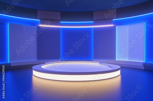Virtual Studio Podium with Circular Stage, Blue Neon Lighting, Screens, and Futuristic Design - 3D Rendered Illustration