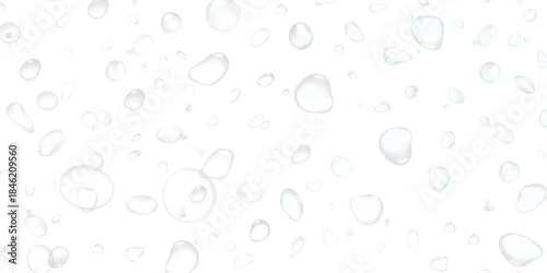 Close-up macro of clear blue rain droplets and water condensation bubbles on a transparent glass window surface texture