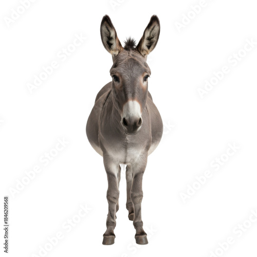 Full body portrait of a docile donkey standing on a neutral transparent background isolated