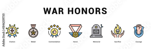 War Honors Modern and clean web banner illustration featuring thematic icons for visual communication