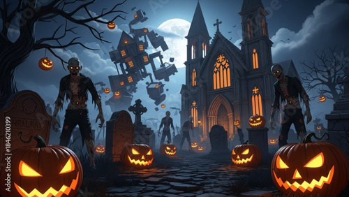 Spooky Halloween night with Zombies and Haunted House: An eerie Halloween night scene, with glowing jack-o'-lanterns illuminating a cemetery, where zombies roam the ground.