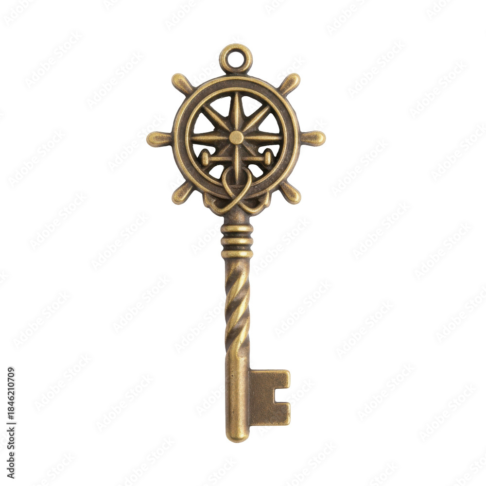 Obraz premium Intricate antique nautical key with compass rose helm design isolated on transparent background