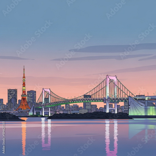 Tokyo's Urban Vista: A picturesque cityscape where architectural wonders converge over the serene waters, blending urban development and natural landscapes under a vibrant sky.