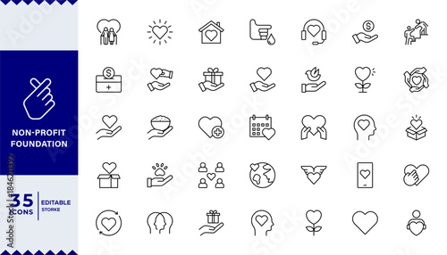 Pixel Perfect, Non-profit foundation ,Fund & Charity line editable icon set.Donate, charity, solidarity, trust, social care, community, helping hands, partnership,Pictogram and infographic.