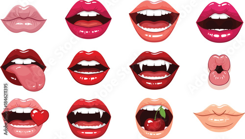 Collection of Various Stylized Lips Illustrations and Icons in Different Expressions