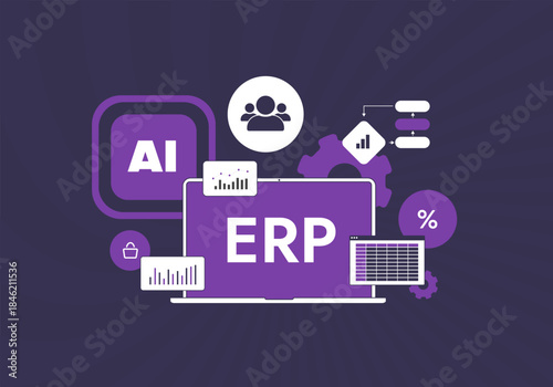 Enterprise resource planning erp business software. Integrated ERP system connects finance operations supply chain and data analytics management growth, control across organization workflows concept