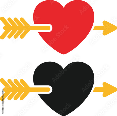 A golden arrow piercing through a vibrant red heart and a sleek black heart symbolising love
