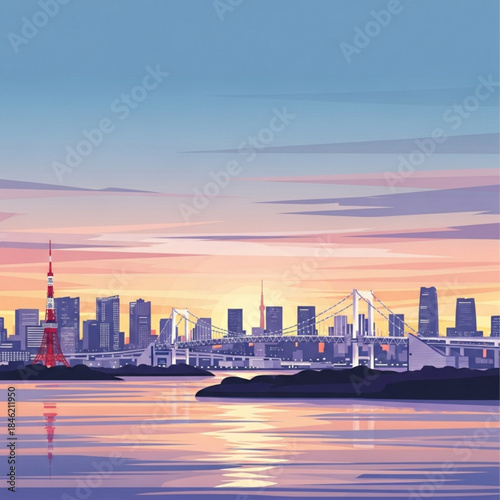Tokyo Cityscape at Dusk: A breathtaking panorama of Tokyo's iconic skyline unfolds as twilight paints the sky with vibrant hues, the city lights reflecting gracefully on the calm water.