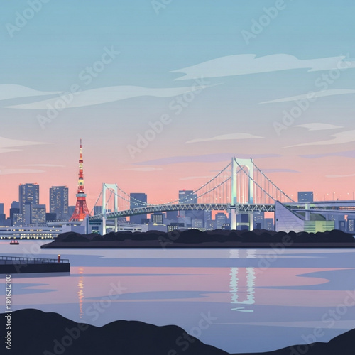 Urban Oasis Serenity: A scenic illustration of a city's skyline, showcasing a vibrant suspension bridge that mirrors its silhouette in the calm water. The composition is bathed in soft.