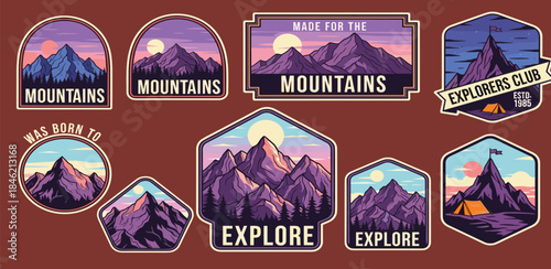Curated set of vibrant mountain adventure badges, illustrating majestic peaks, serene nature, and outdoor exploration motifs in a stylized graphic design collection for enthusiasts