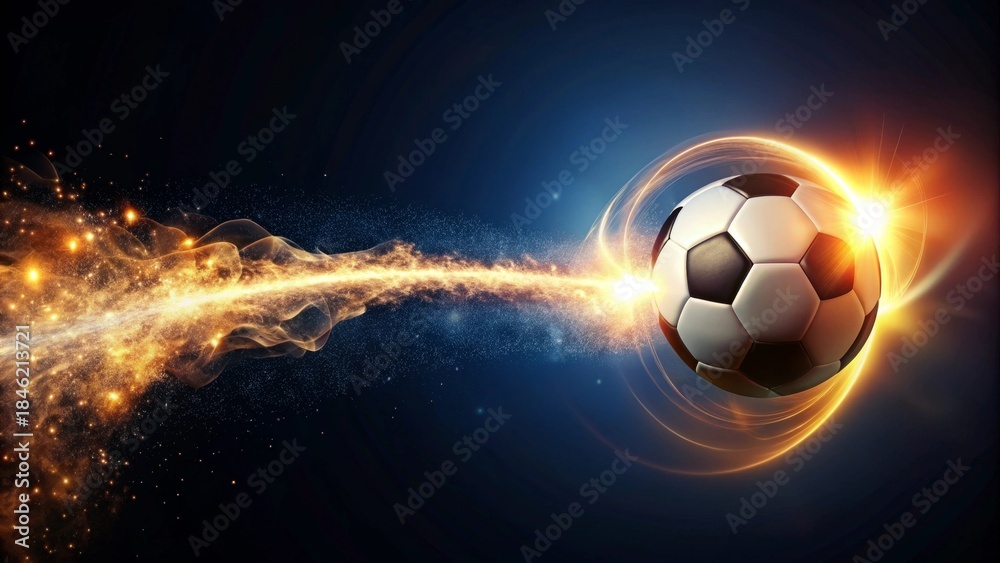 Naklejka premium Dynamic Soccer Ball Soaring Through a Glowing Trail of Energy and Light