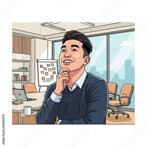 Business Strategy Contemplation: An professional Asian man in a modern office, pondering over ideas. The office environment signifies work, intellect, and the pursuit of goals.