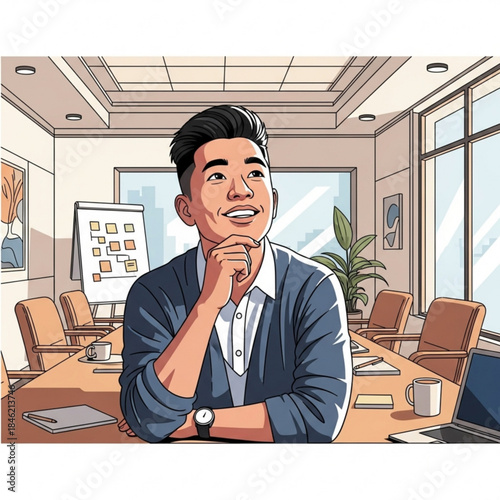 Introspective Visionary: An Asian businessman, deep in thought at a boardroom table, appears immersed in planning and innovation. A moment captured of thoughtful planning and creativity