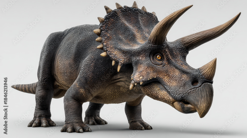 Fototapeta premium Photorealistic triceratops model with textured skin, three horns, frill and lifelike eye standing on neutral background expressing calm presence