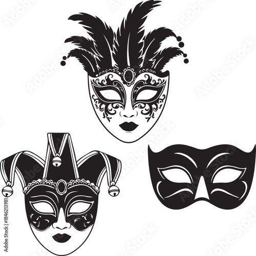 Collection of ornate venetian carnival masks in black and white illustration