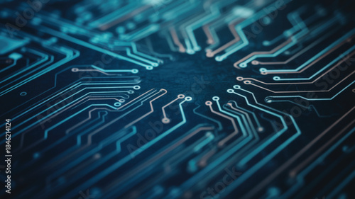 Close-up of circuit board with glowing blue lines and connections, technology background