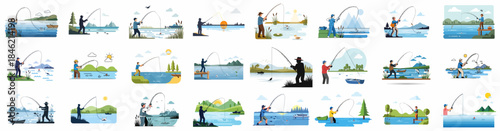 Set of Vector Illustrations Featuring Anglers Fishing Outdoors in Scenic Locations, Highlighting Hobby, Recreation, and Wildlife Activity.