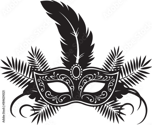 Ornate black masquerade mask with feathers and foliage