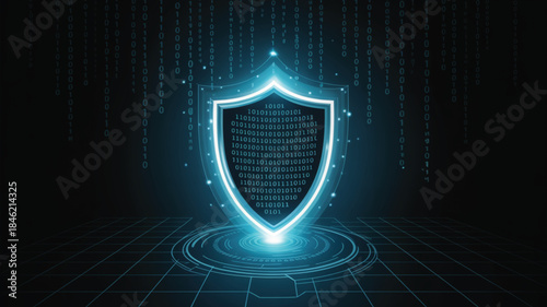 Cyber security shield icon with blue neon light for software protection and data safety, futuristic background
