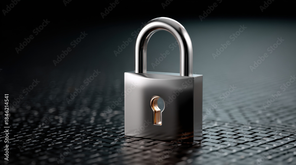 Fototapeta premium Shiny padlock on textured surface, metal lock with keyhole symbolizing security and protection, cyber security concept with reflective metal and bokeh lighting