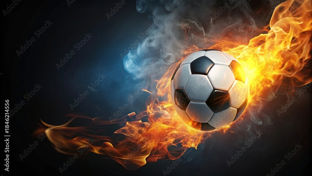 Fototapeta premium Fiery Soccer Ball in Motion A Dynamic Image of a Burning Sphere Traversing a Trail of Blazing Flames and Smoky Trails