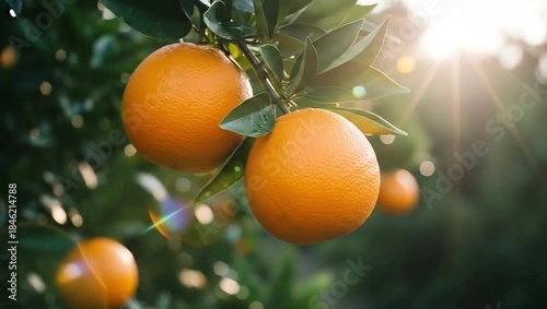 Ripe Oranges Hanging on a Tree Branch in the Sunlight.