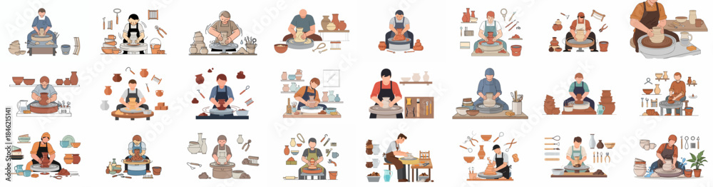 Fototapeta premium Vector Illustration Set of Potters Working on Pottery Wheels, Crafting Handmade Ceramic Vessels, Vases, and Bowls in a Studio Environment.